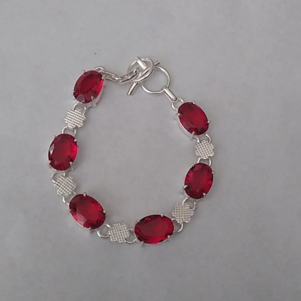 Red Garnet + Sterling Silver Chain Toggle Bracelet, up to 8" - Picture 4 of 7